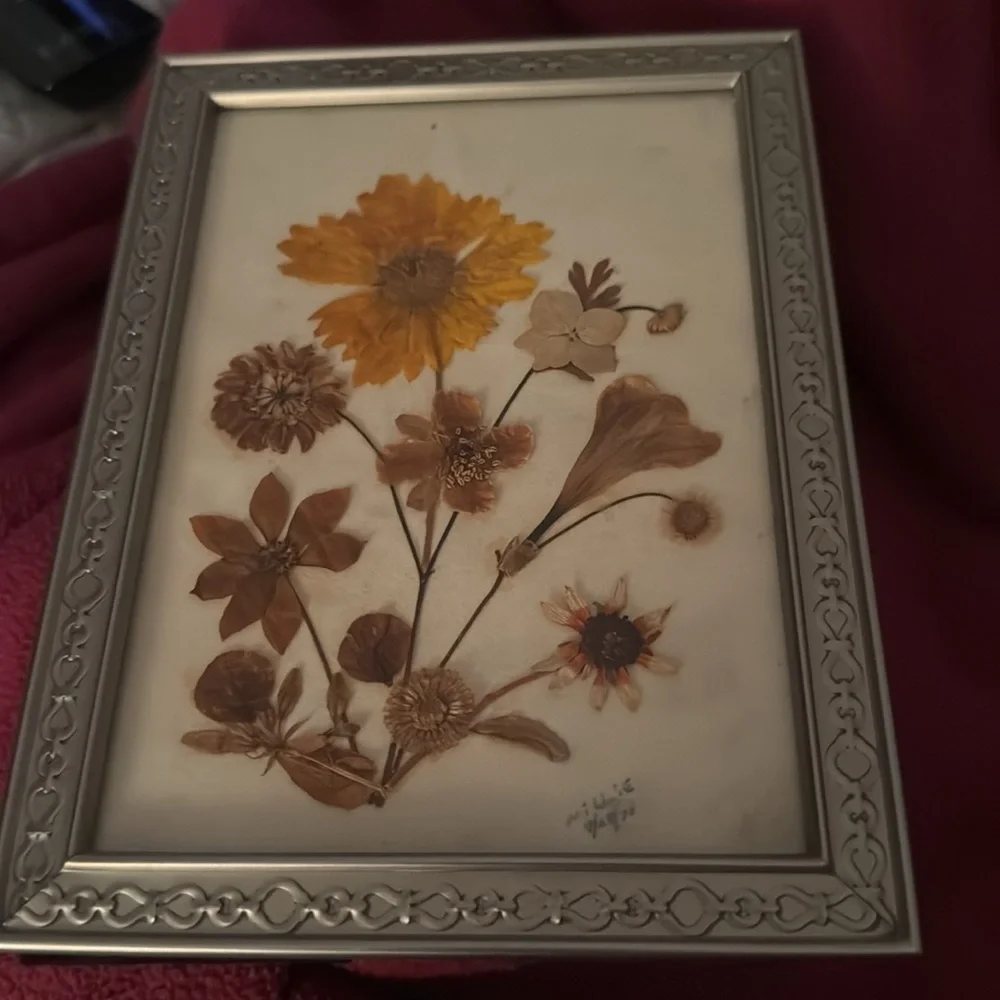 Silver colored frame Yellow brown pressed flowers  Picture Frame Accents